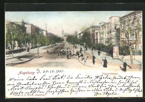 AK Augsburg, Fuggerstrasse mit Litfasssäule