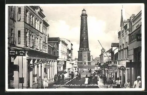 AK Borkum, Strandstrasse & Kaiserstrasse mit Café, Geschäften und Leuchtturm