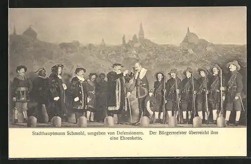 AK Freiberg, Bergfestspiel 1914, Stadthauptmann Schmohl umgeben von Defensionern...