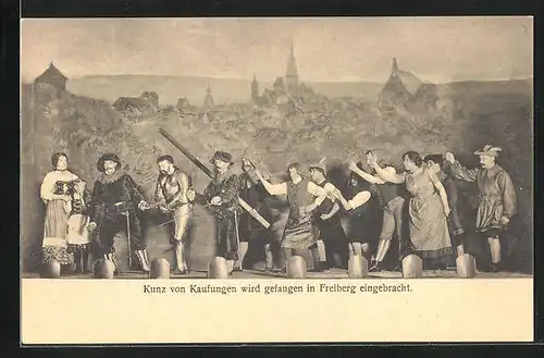 AK Freiberg, Bergfestspiel 1914, Kunz von Kaufingen wird gefangen in die Stadt eingebracht