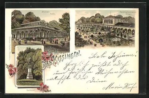 Lithographie Bad Kissingen, Brunnen-Halle, Knversationshaus und Anlagen, Denkmal