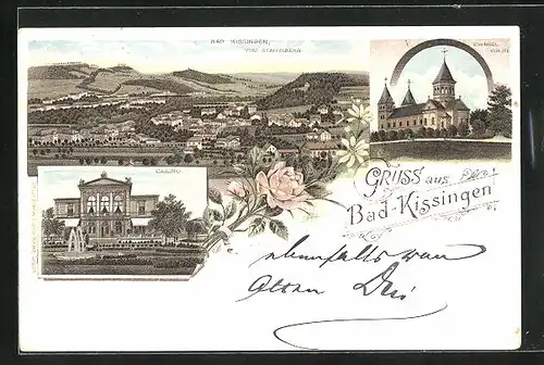 Lithographie Bad Kissingen, Casino, Evangelische Kirche, Teilansicht vom Staffelberg