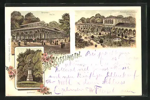 Lithographie Bad Kissingen, Konversationshaus u. Anlagen, Brunnen-Halle, Denkmal