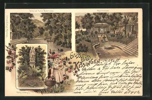 Lithographie Bad Kissingen, Blick auf Ruine Bodenlaube, Maxbrunnen, Denkmal König Ludwig I.