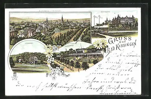 Lithographie Bad Kissingen, Fürstenhof, Claushof, Kurgarten