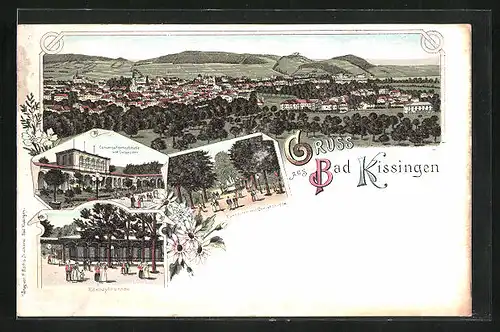 Lithographie Bad Kissingen, Konversationsgebäude mit Kolonnaden, Kurgarten mit Quellengruppe, Rakozybrunnen