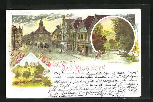 Lithographie Bad Kissingen, Marktplatz am Abend, Saalepartie, Saaleck