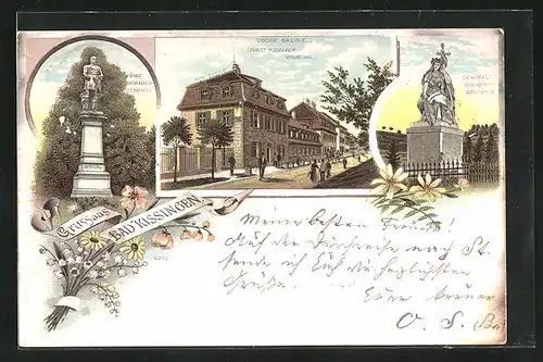 Lithographie Bad Kissingen, Obere Saline Früst Bismarck-Wohnung, Fürst Bismarck-Denkmal, Denkmal Trauernde Germania
