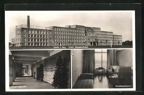 AK Fürth i. Bay., Städtisches Krankenhaus, Innenansichten Eingangshalle & Krankenzimmer