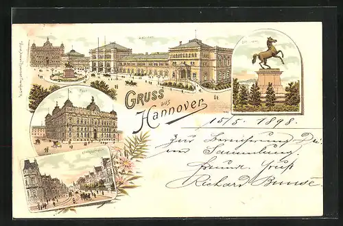 Lithographie Hannover, Bahnhof, Sachsenross, Post