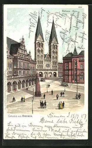 Lithographie Bremen, Rathaus und Dom, Strassenbahn