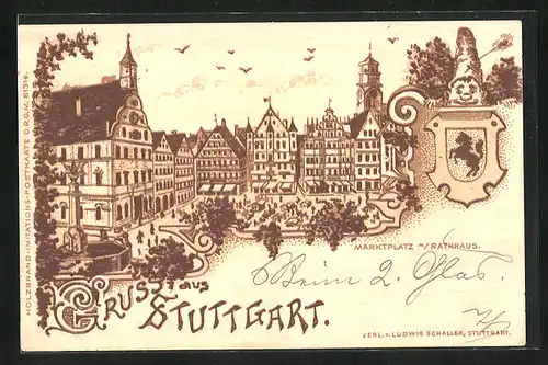 Holzbrand-Imitations-AK Stuttgart, Marktplatz mit Rathaus, Wappen, Zwerg