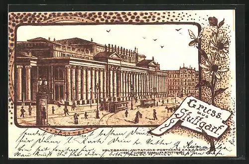 Holzbrand-Imitations-AK Stuttgart, Strassenbahnen vor grossem Gebäude, Litfasssäule