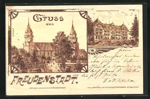 Holzbrand-Imitations-AK Freudenstadt, Kurhotel Palmenwald, Kirche