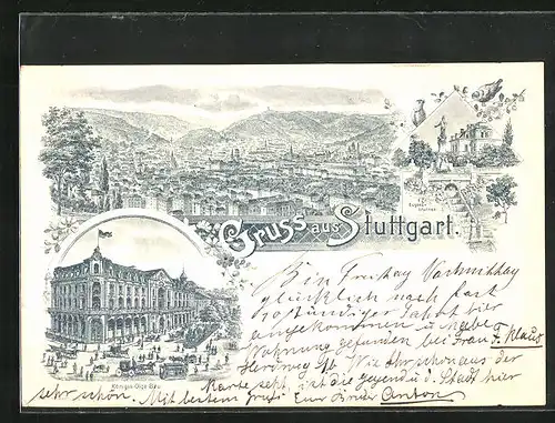 Lithographie Stuttgart, Königin Olga Bau, Eugensbrunnen, Gesamtansicht