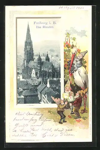 Passepartout-Lithographie Freiburg i. B., Das Münster, Storch mit Zwergen