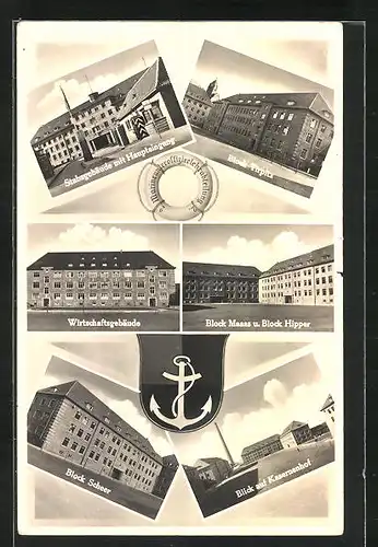 AK Wilhelmshaven, Unsere Kasernen, Stabsgebäude mit Haupteingang, Block Tirpitz, Wirtschaftsgebäude