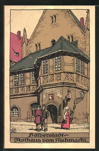 Steindruck-AK Halberstadt, Rathaus vom Fischmarkt