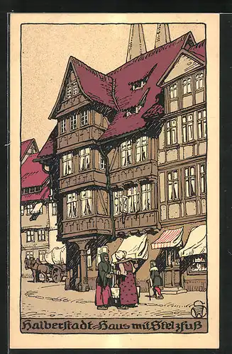 Steindruck-AK Halberstadt, Haus mit Stelzfuss
