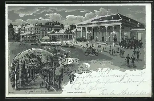 Mondschein-Lithographie Baden-Baden, Konversationshaus, Lichtenthaler Allee mit Radfahrerin