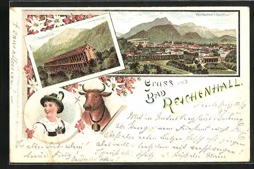 Lithographie Bad Reichenhall, Gradierhaus mit Blick auf den Ort, Frau in Tracht