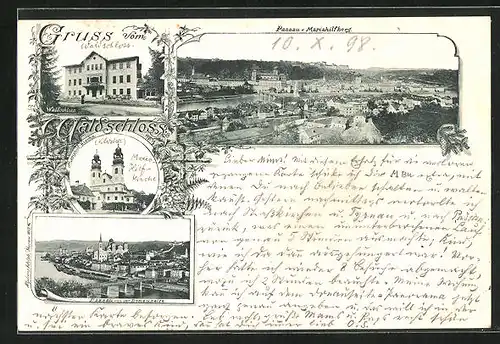 AK Passau, Hotel Waldschloss, Mariahilf-Kirche, Teilansicht vom Mariahilfberg