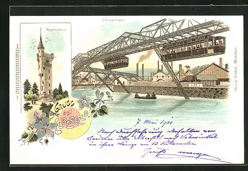 Lithographie Elberfeld, Schwebebahn und Boot, Weyerbuschturm