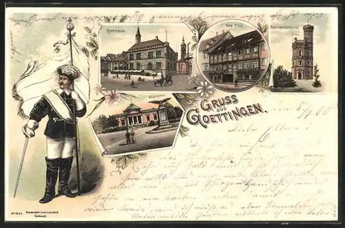 Lithographie Goettingen, Gasthaus Alte Fink, Rathaus, Bismarckturm