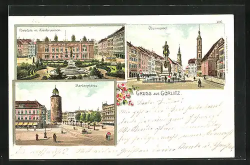 Lithographie Görlitz, Postplatz mit Zierbrunnen, Obermarkt mit Denkmal, Marienplatz