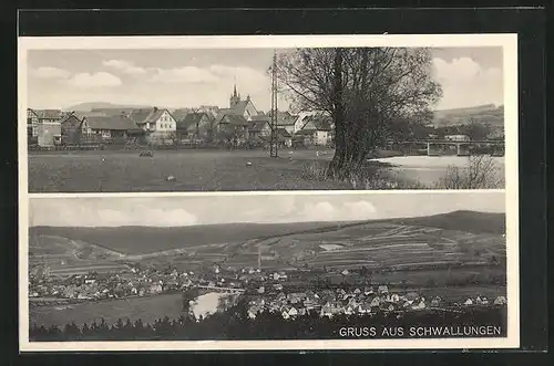 AK Schwallungen, Uferpartie mit Brücke, Teilansicht