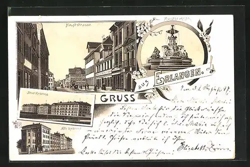 Lithographie Erlangen, Neue Kaserne, Alte Kaserne, Hauptstrasse