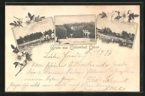 AK Laboe, Hotel Laboe, Badestrand u. Pavillon, Hafen-Ansicht