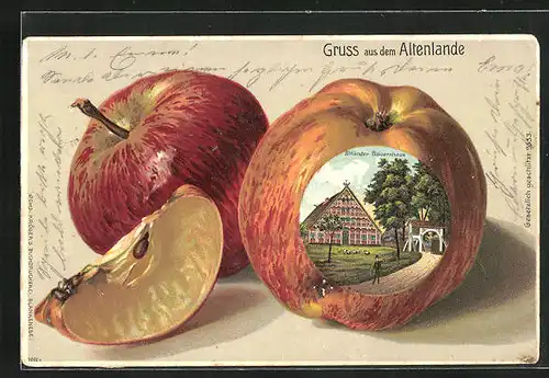 Passepartout-Lithographie Altenlande, Altländer Bauernhaus im Apfel