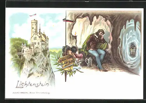 Künstler-AK Lichtenstein, Blick zur Burg, Mann in Höhle
