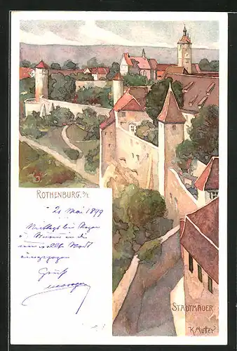 Künstler-AK Karl Mutter: Rothenburg o. T., Stadtmauer aus der Vogelschau