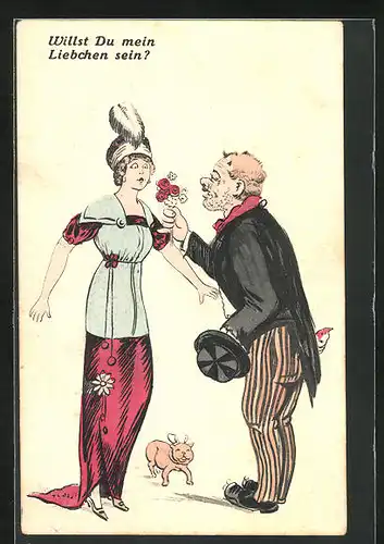 AK Ungepflegter Mann macht feiner Dame den Hof, Scherz