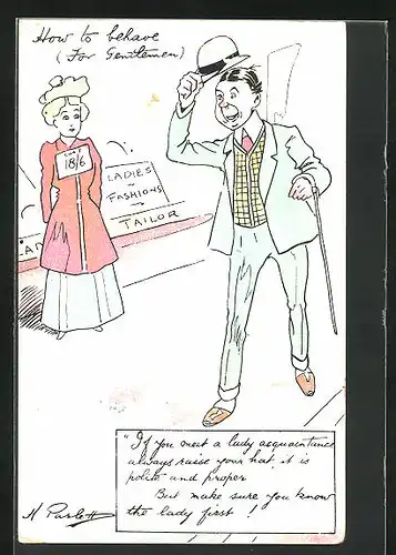 AK Herr grüsst Schaufensterpuppe, Scherz