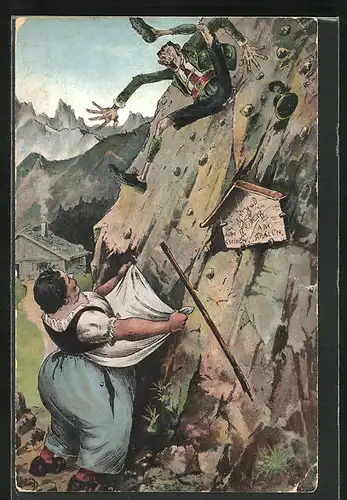 AK Abstürzender Bergsteiger wird von Dame aufgefangen, Scherz