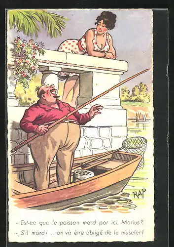 AK Korpulenter Mann beim Angeln, Scherz