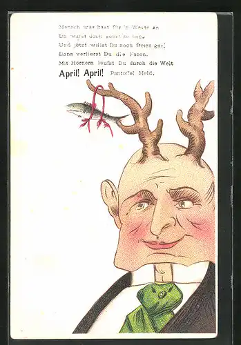 AK Mann mit Hörnern und Fisch, Scherz