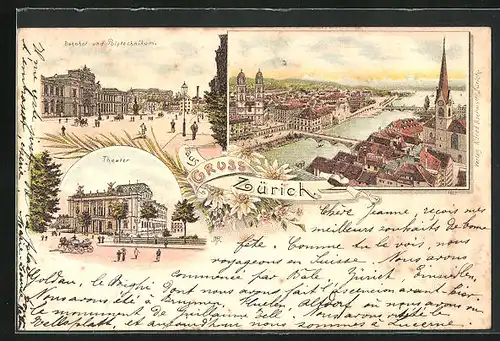 Lithographie Zürich, Theater, Bahnhof und Polytechnikum, Teilansicht