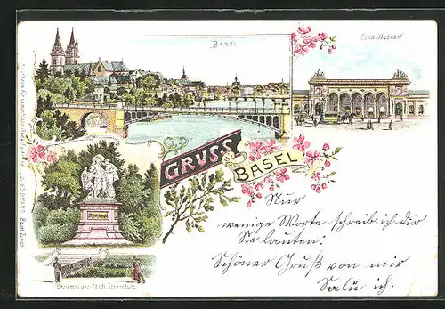 Lithographie Basel, Centralbahnhof, Denkmal der Stadt Strassburg