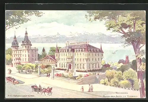 AK Neuchatel, Hotel des Alpes et Terminus