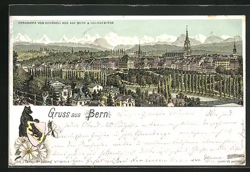 Lithographie Bern, Panorama vom Schänzli aus auf Bern & Hochgebirge