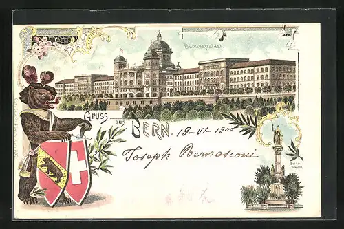 Lithographie Bern, Bundespalast, Berner Bär mit Stadtwappen, Berna-Brunnen