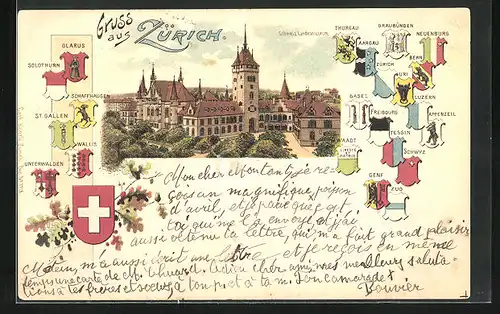 Lithographie Zürich, Schweiz. Landesmuseum, Wappen der Kantone