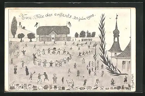 Künstler-AK Nyon, Fête des enfants, 21. juin 1908