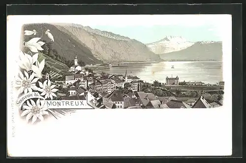 Lithographie Montreux, Panorama mit See