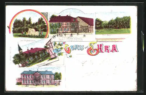 Lithographie Ehra, Gasthof von Fritz Pieper, Schulhaus