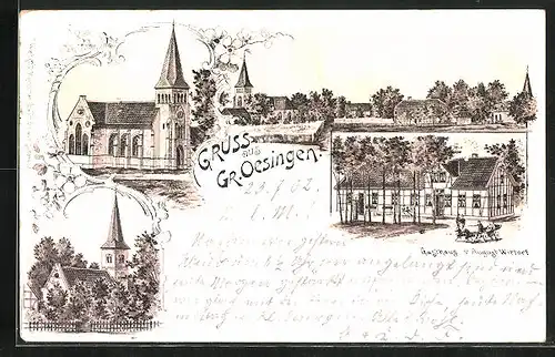 Lithographie Gross Oesingen, Gasthaus von August Wittorf, Kirche